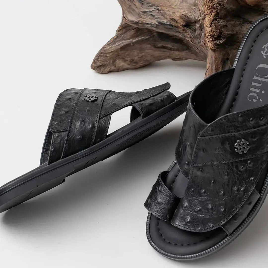 Ostrich-Printed Leather Flat Sandals